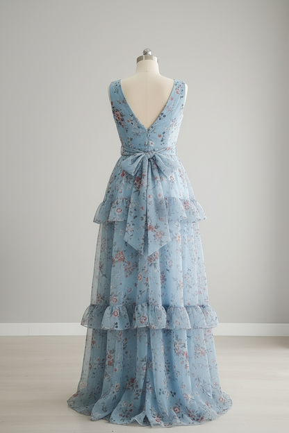 Vestido Azul Floral — Escote V, Volantes & Abertura cod.862
