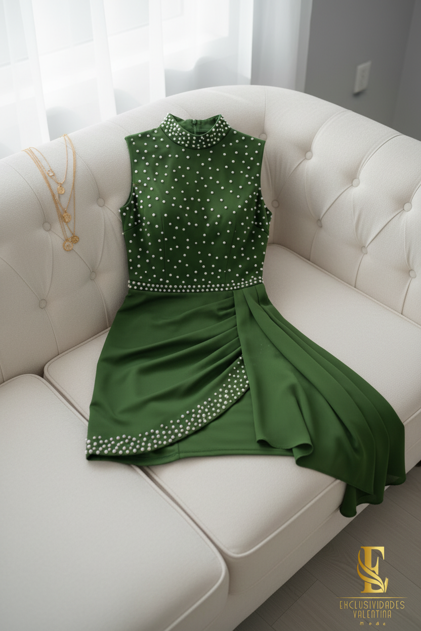 Vestido Verde Oliva Perlas Mini cod.V742