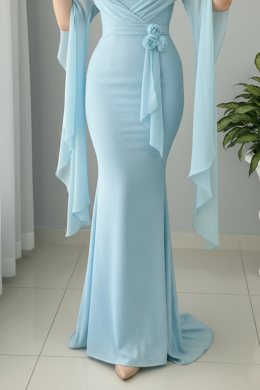 Vestido Azul Cielo Corsé Mangas Gasa cod.0010