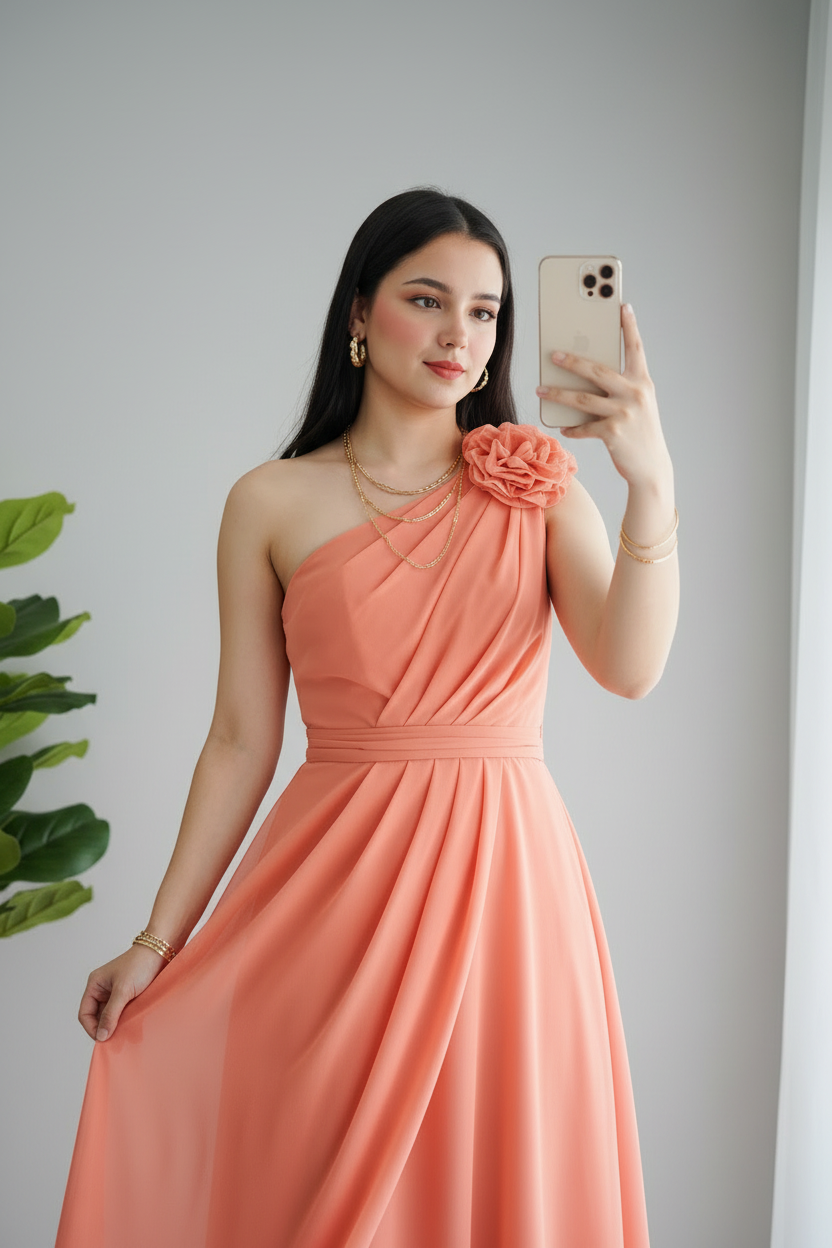Vestido Coral One-Shoulder Maxi Gasa con Rosa D cod.951