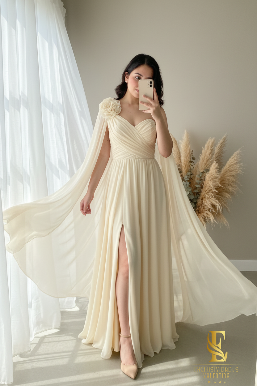 Vestido Crema Marfil One-Shoulder Chifón con Flor, Capa y Abertura cod.0082