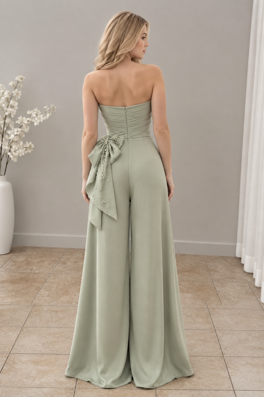 Enterizo verde salvia bustier bordado  cod. E0012