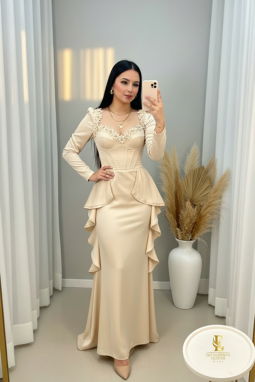 Vestido Champagne Satinado Corset Flores D cod.00170