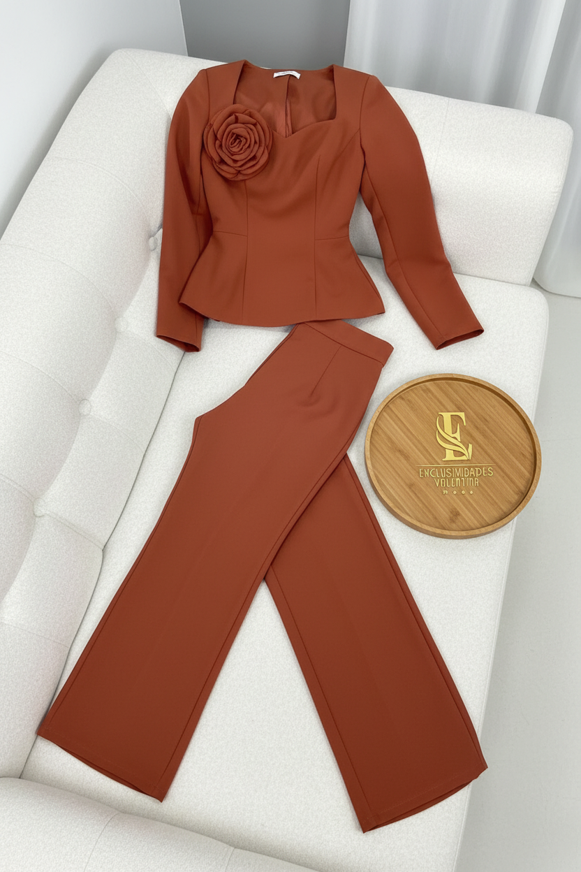 Conjunto Terracota — Blazer Peplum Rosa 3D & Palazzo cod.0035