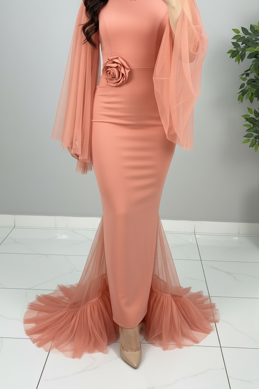 Vestido Salmón Sirena Tul Campana Rosa D cod. 604