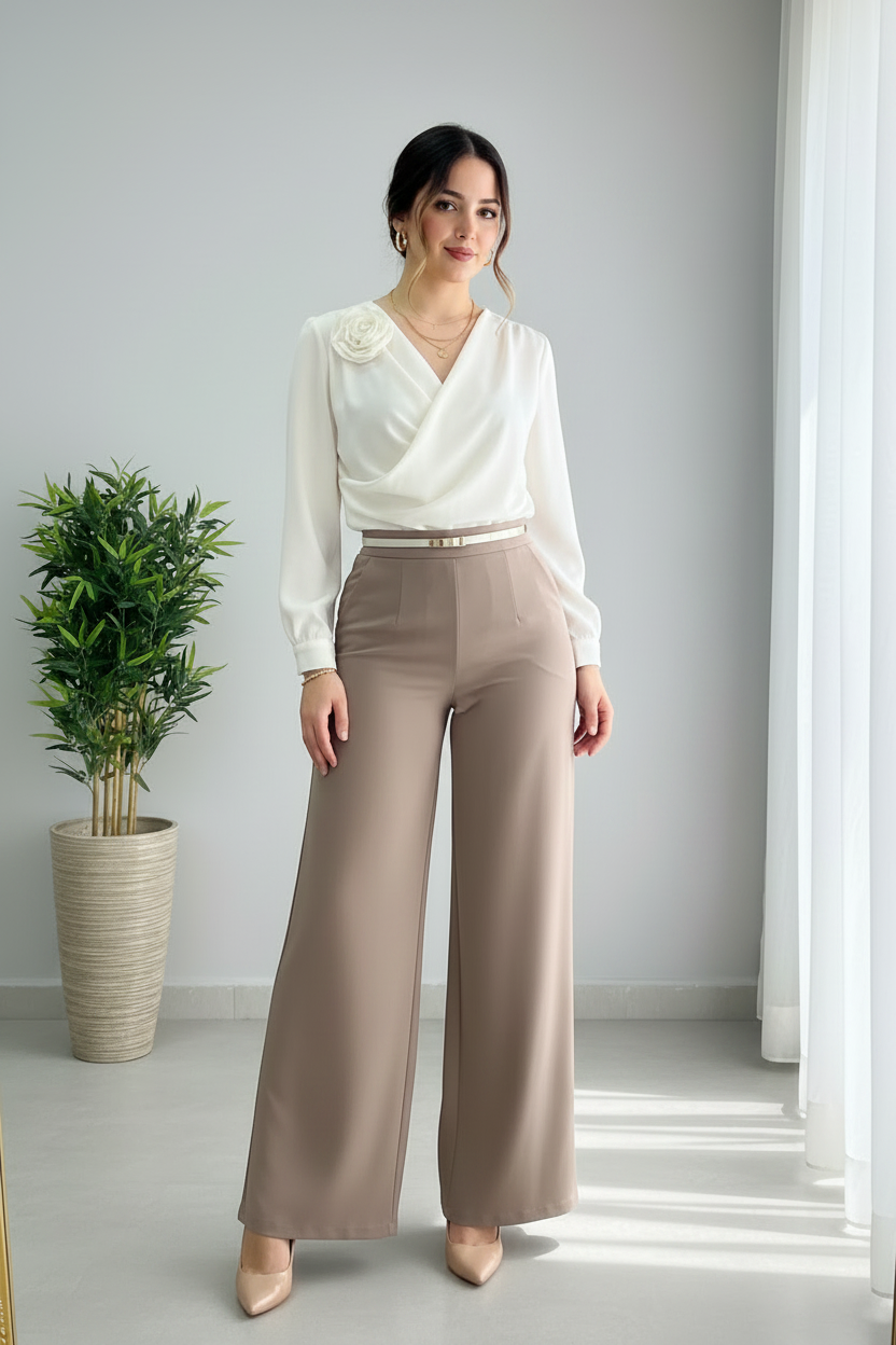 Pantalón Palazzo Beige Topo — Tiro Alto & Cintón Fino cod.871