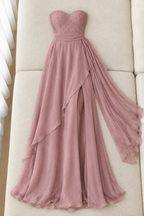 Vestido largo rosa mauve strapless con abertura y caída lateral cod. VC018
