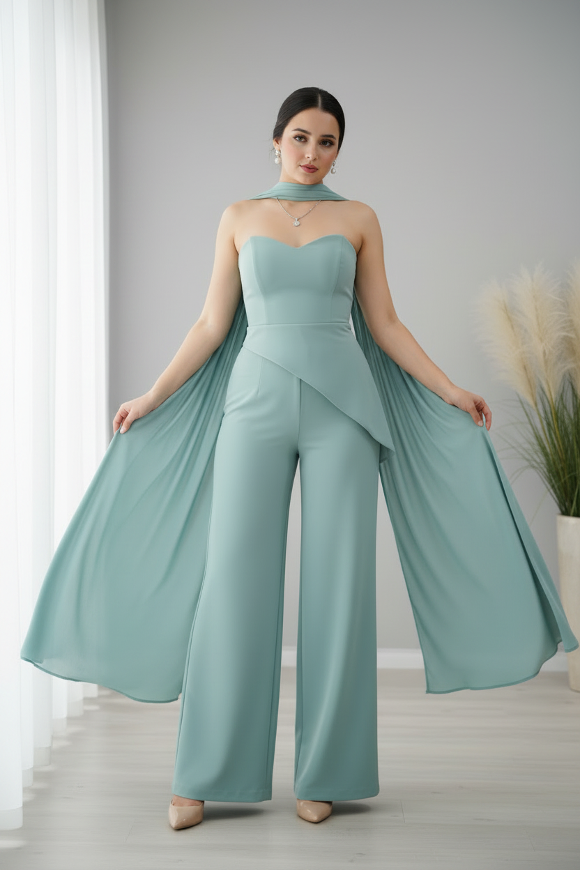 Conjunto Verde Agua — Escote Corazón Strapless, Capa Chifón & Pantalón Palazzo cod.903