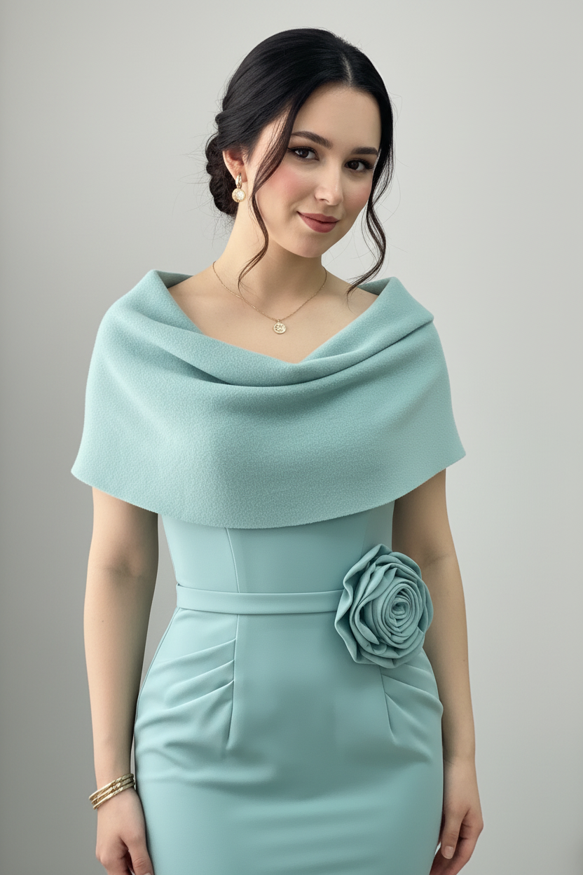 Vestido Sirena Verde Agua con Chal Exclusivo 798