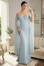 Vestido Largo Azul Celeste Off-Shoulder Corset con Cristales y Capa de Chifón cod.V961