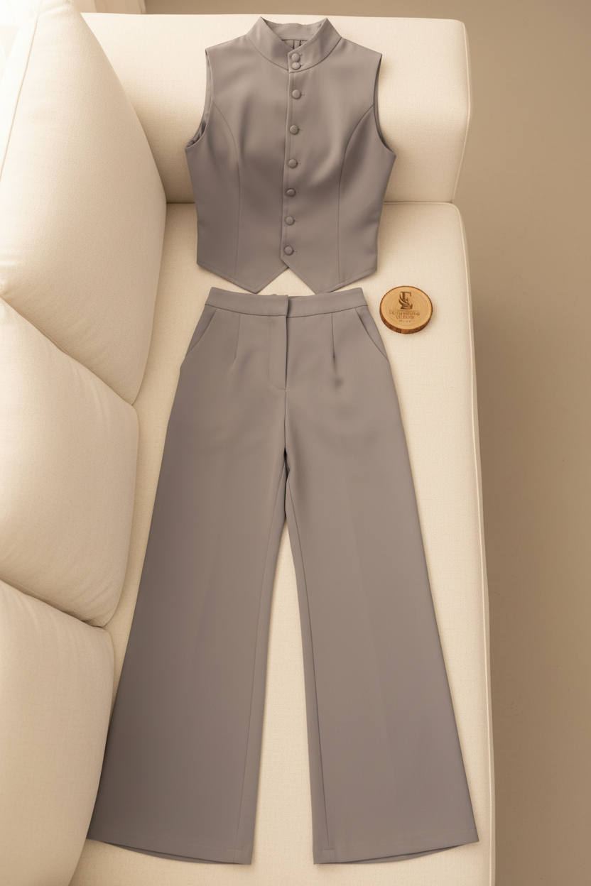 Conjunto Dos Piezas Gris Perla — Chaleco Sastre & Pantalón Palazzo cod.893