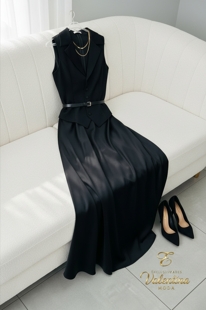 Conjunto Chaleco y Falda Maxi Negro Satinado cod.C400