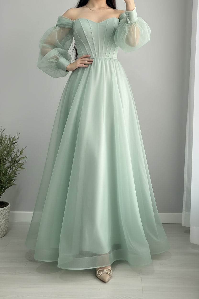 Vestido Verde Menta Off-Shoulder Manga Bishop Tul Maxi cod.978