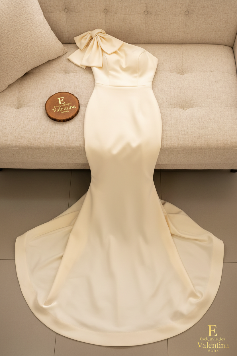Vestido Marfil Un Hombro Lazo Doble Sirena Cola Larga cod.927