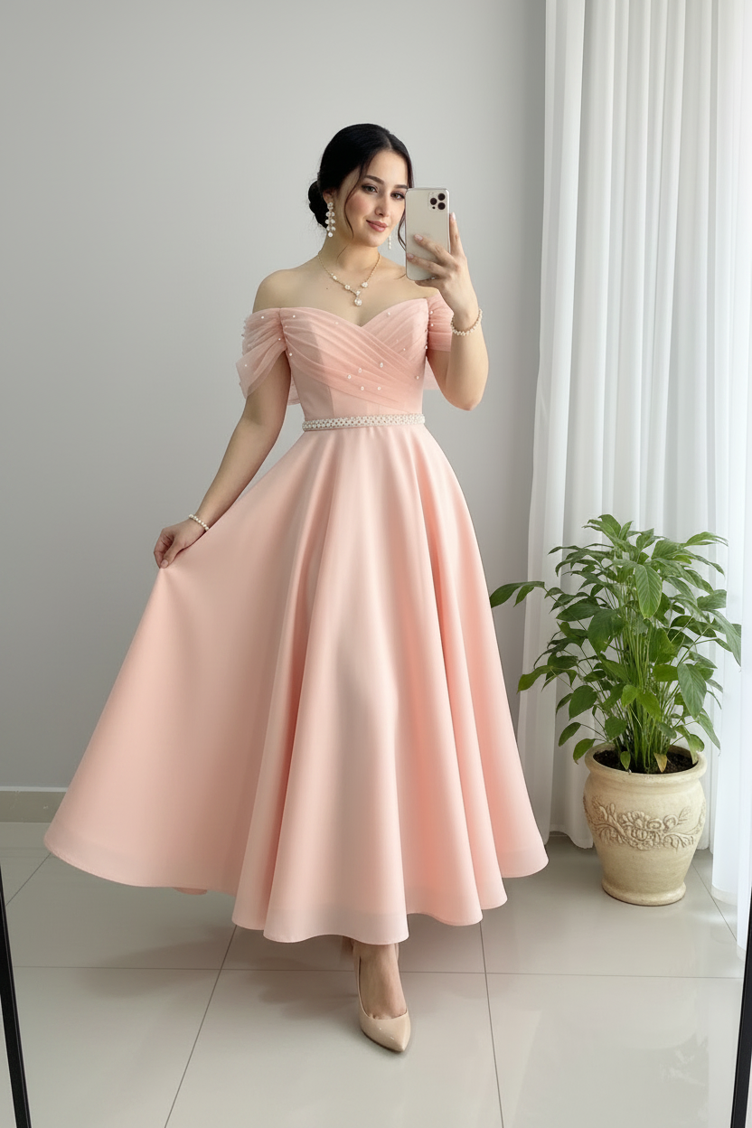 Vestido Rosa Blush Peach Off-Shoulder Manga Tul Perlas Cinturon Falda A-line Tea Length cod.839