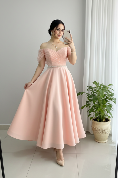Vestido Rosa Blush Peach Off-Shoulder Manga Tul Perlas Cinturon Falda A-line Tea Length cod.839