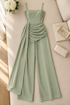 Enterizo Verde Sage Bustier Perlas Drapeado Lateral Pantalón Recto cod.E0004