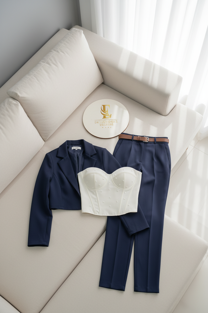 Conjunto 3 Piezas Azul Marino con Cinturón Café — Blazer Cropped + Bustier + Pantalón formal cod.0077