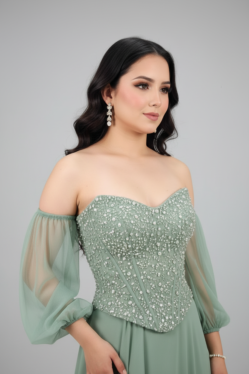 Vestido Formal Verde Salvia Off-Shoulder con Cuerpo de Pedrería cod.550