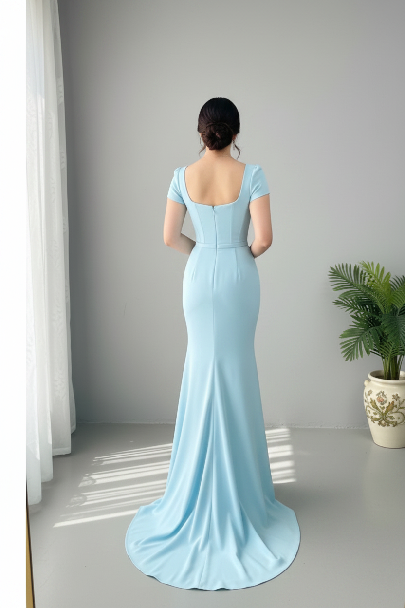 Vestido Sirena Azul Cielo — Corset Ballenas, Escote Corazón & Drapeado Frontal cod.884