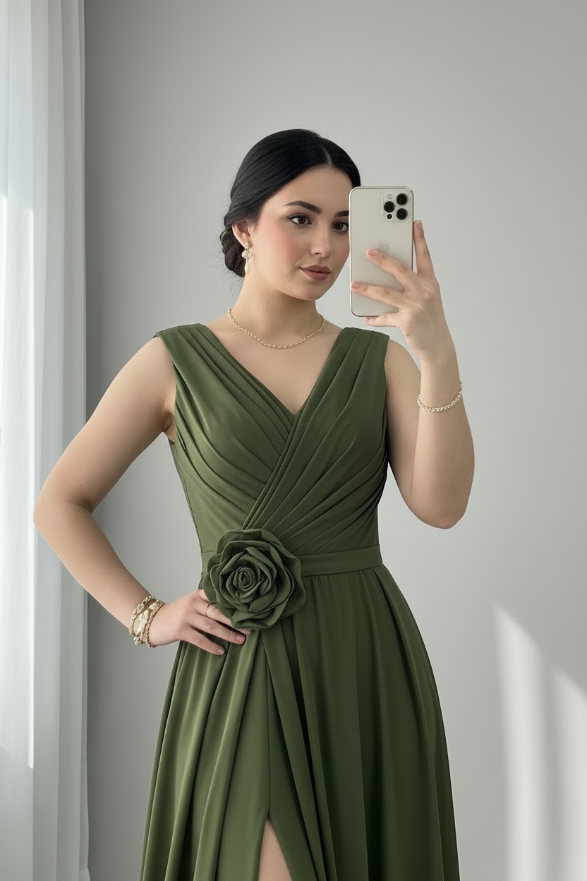 Vestido Largo Verde Oliva — Escote V Cruzado, Rosa 3D Cintura & Abertura Frontal cod.888