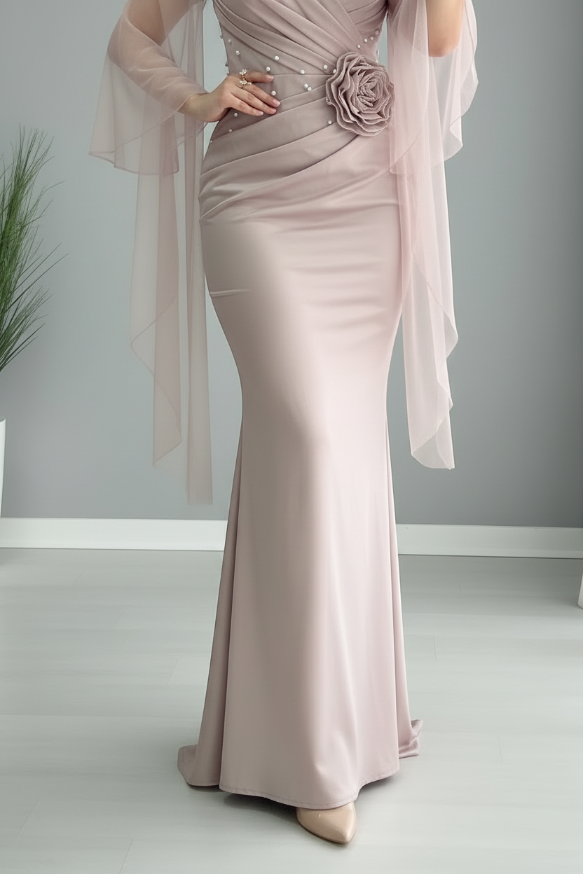 Vestido Rosa Palo Off-Shoulder Mangas Tul Largas Perlas Rosa 3D y Falda Sirena cod.778
