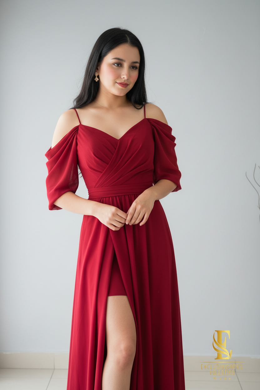 Vestido Rojo Vino Off-Shoulder V340