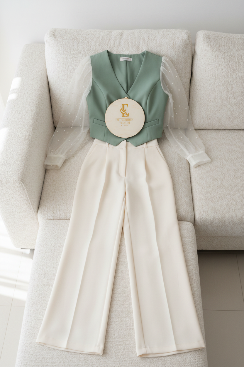 Conjunto Top Verde Sage con Perlas y Pantalón Blanco cod.0063