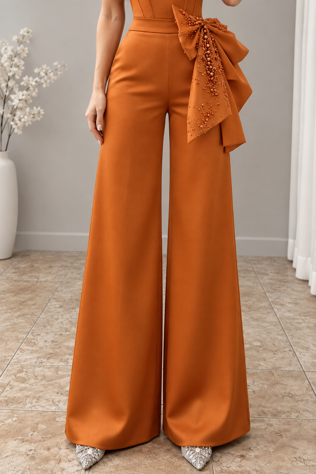 Enterizo terracota bustier con lazo bordado y pantalón palazzo cod. E0010