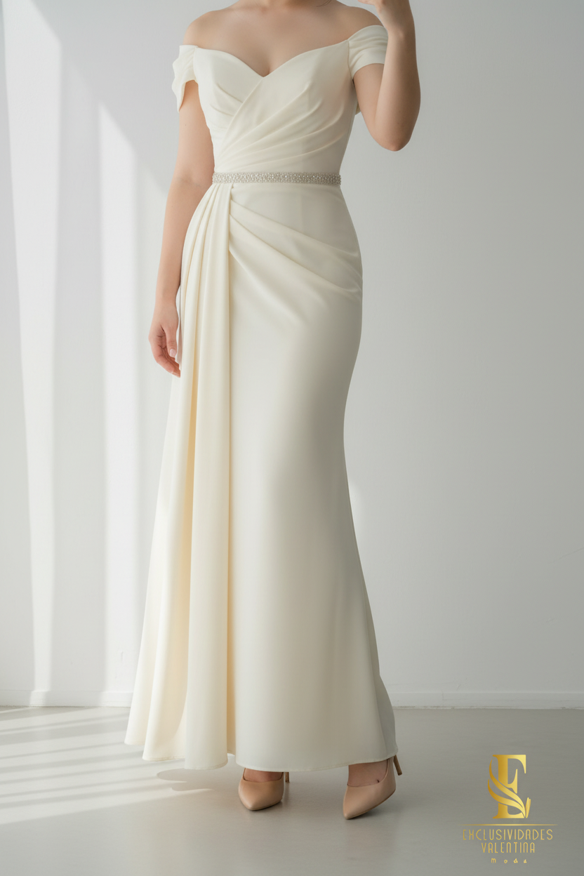Vestido Blanco Off-Shoulder con Cinto de Cristales cod.0067