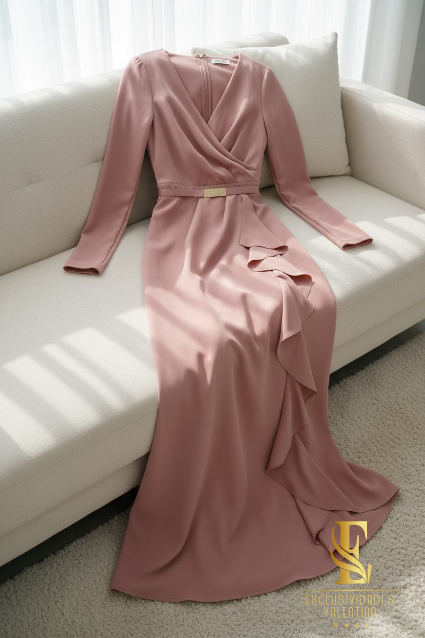 Vestido Midi Rosa Palo con Escote Cruzado y Volantes cod.V246