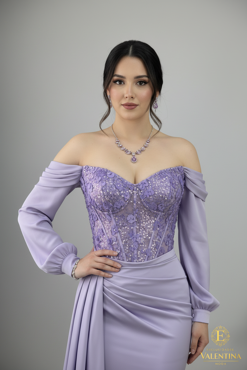 Vestido Lila Off-Shoulder Corset Drapeado cod.915