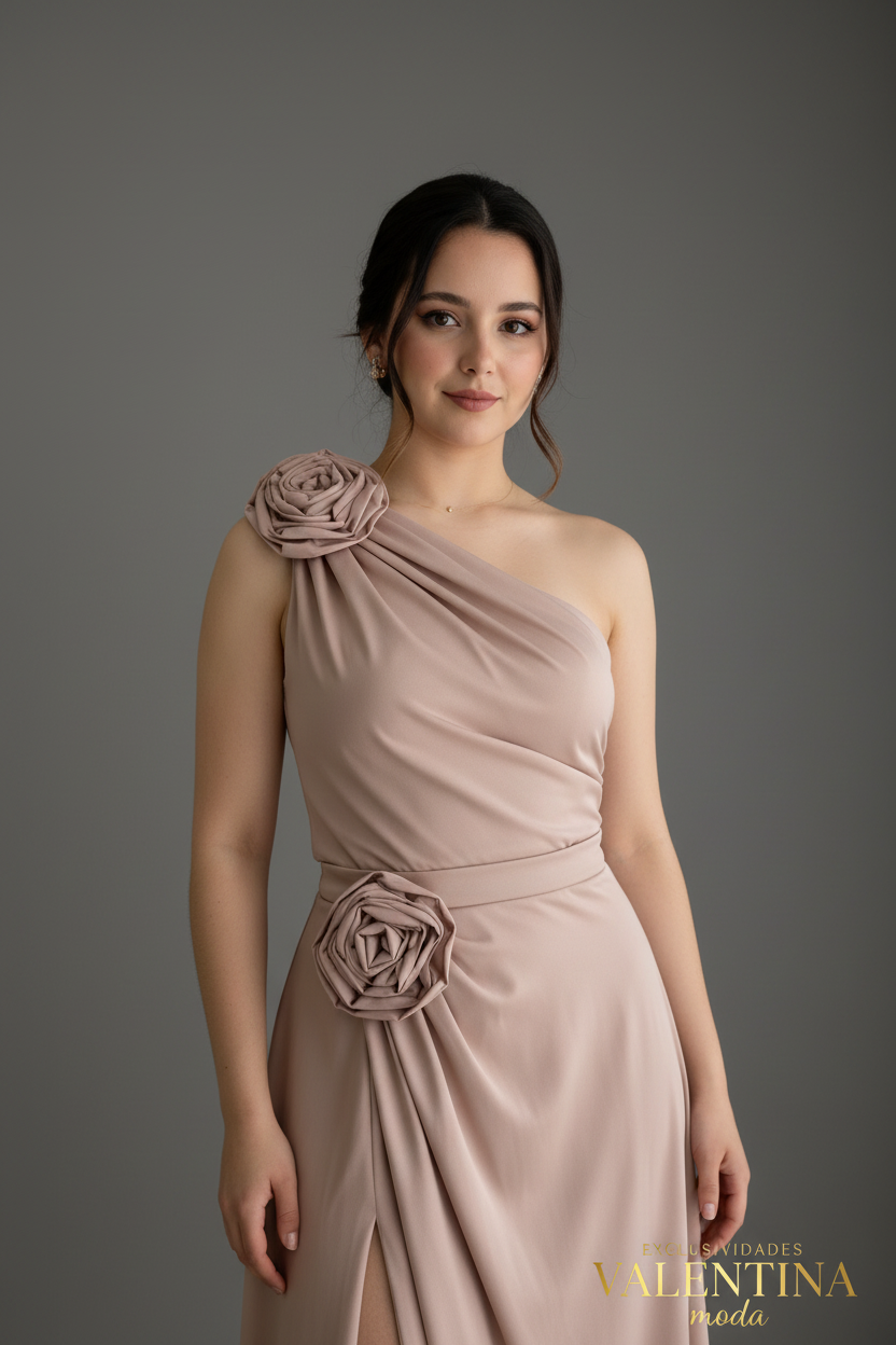 Vestido Nude Un Hombro con Rosas 3D V508