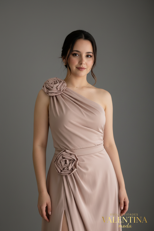 Vestido Nude Un Hombro con Rosas 3D V508