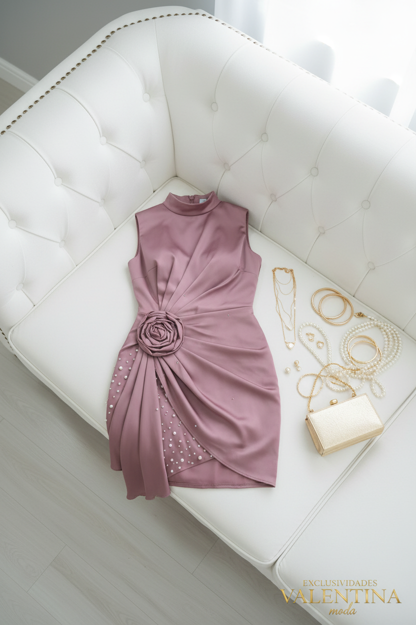 Vestido Corto Malva Sin Mangas Rosa 3D y Perlas cod.V719