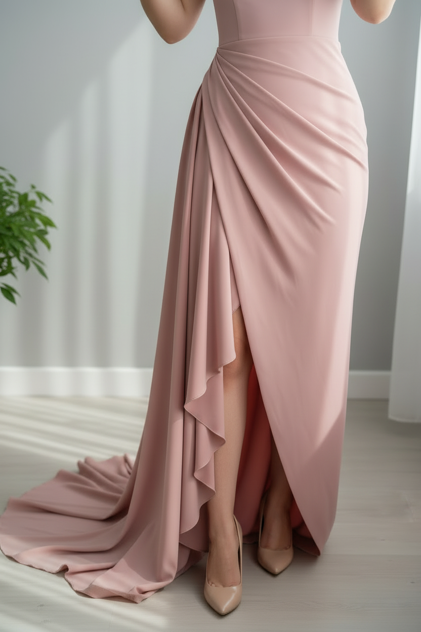 Vestido Rosa Palo Cuello Redondo con Drapeado Lateral y Cola cod.729