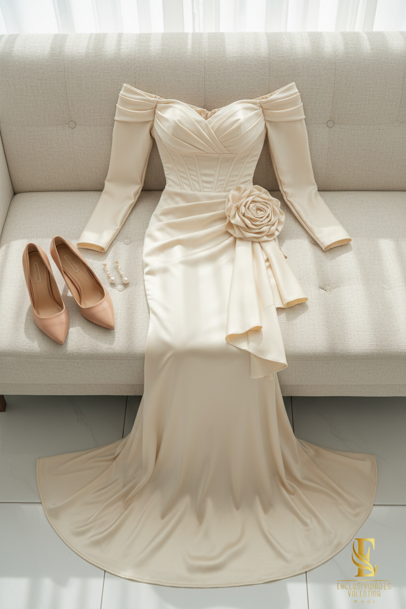 Vestido Champagne Ivory Off-Shoulder Sirena Manga Larga Rosa 3D cod.V302