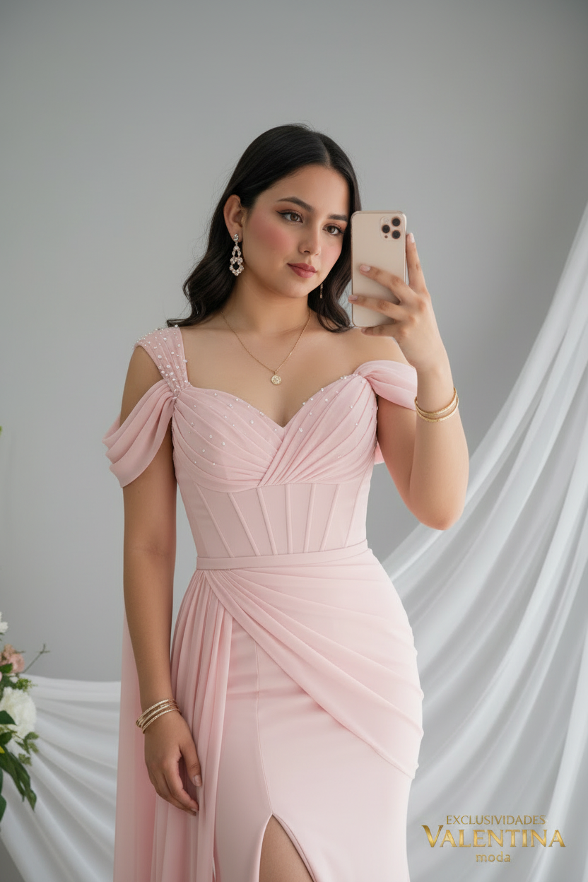 Vestido Rosa Palo Chiffon Off-Shoulder con Abertura Frontal cod.V509