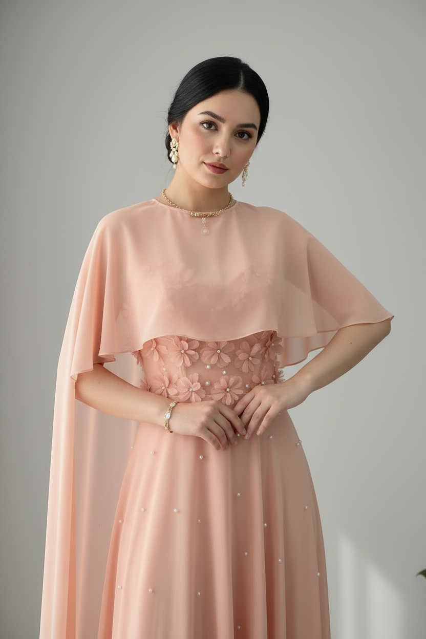 Vestido Rosa Perla — Capa Asimétrica cod.848