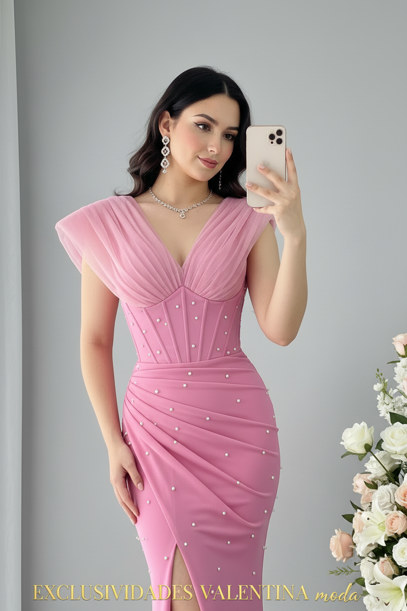 Vestido Maxi Rosa Fucsia Sirena con Mangas Puff y Perlas cod.V858