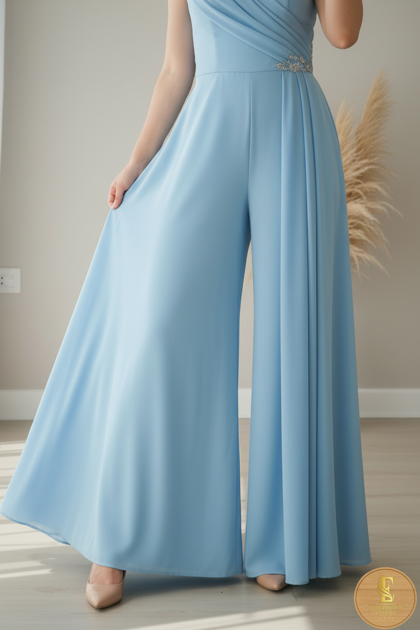Enterizo Azul Cielo One-Shoulder Palazzo Drapeado Broche Cristales cod.00108