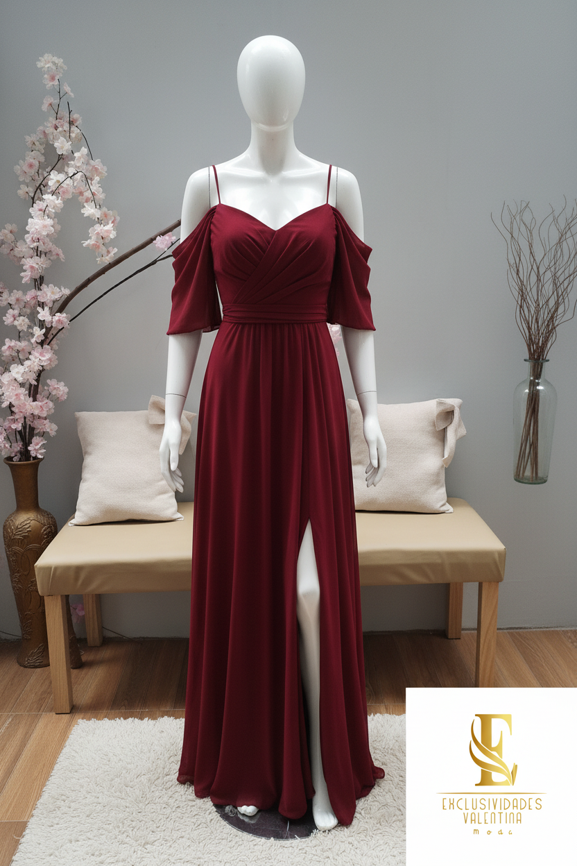 Vestido Rojo Vino Off-Shoulder V340