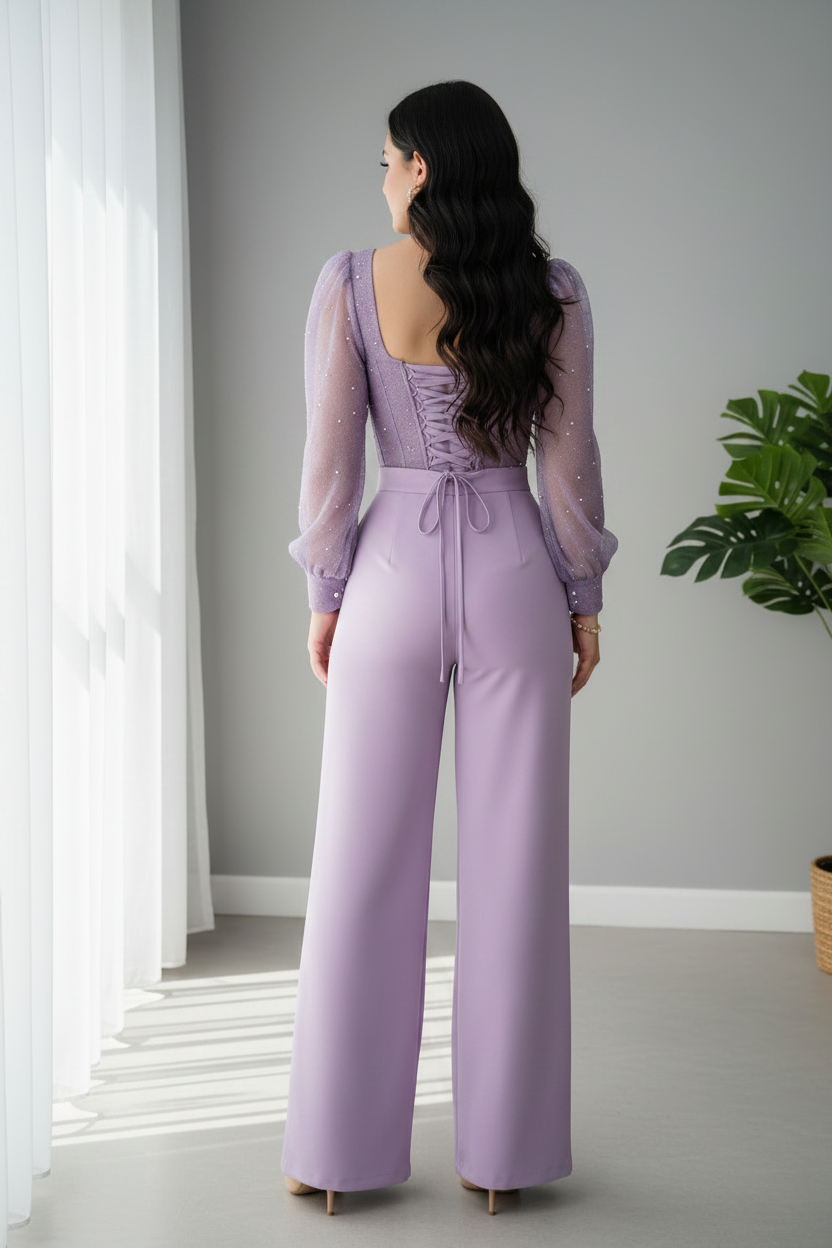 Conjunto Lila Lavanda Corset Tul Perlas + Pantalón Palazzo cod.C695