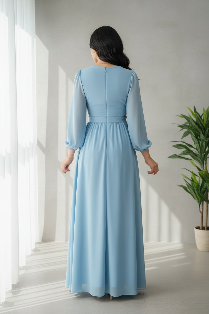 Vestido Sky Blue – Gown Azul Cielo Manga Larga Escote V con Abertura en Cintura cod.685