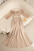 Vestido Champagne Beige Dorado Off-Shoulder Tul Perlas Cinturon Perlas A-Line cod.837