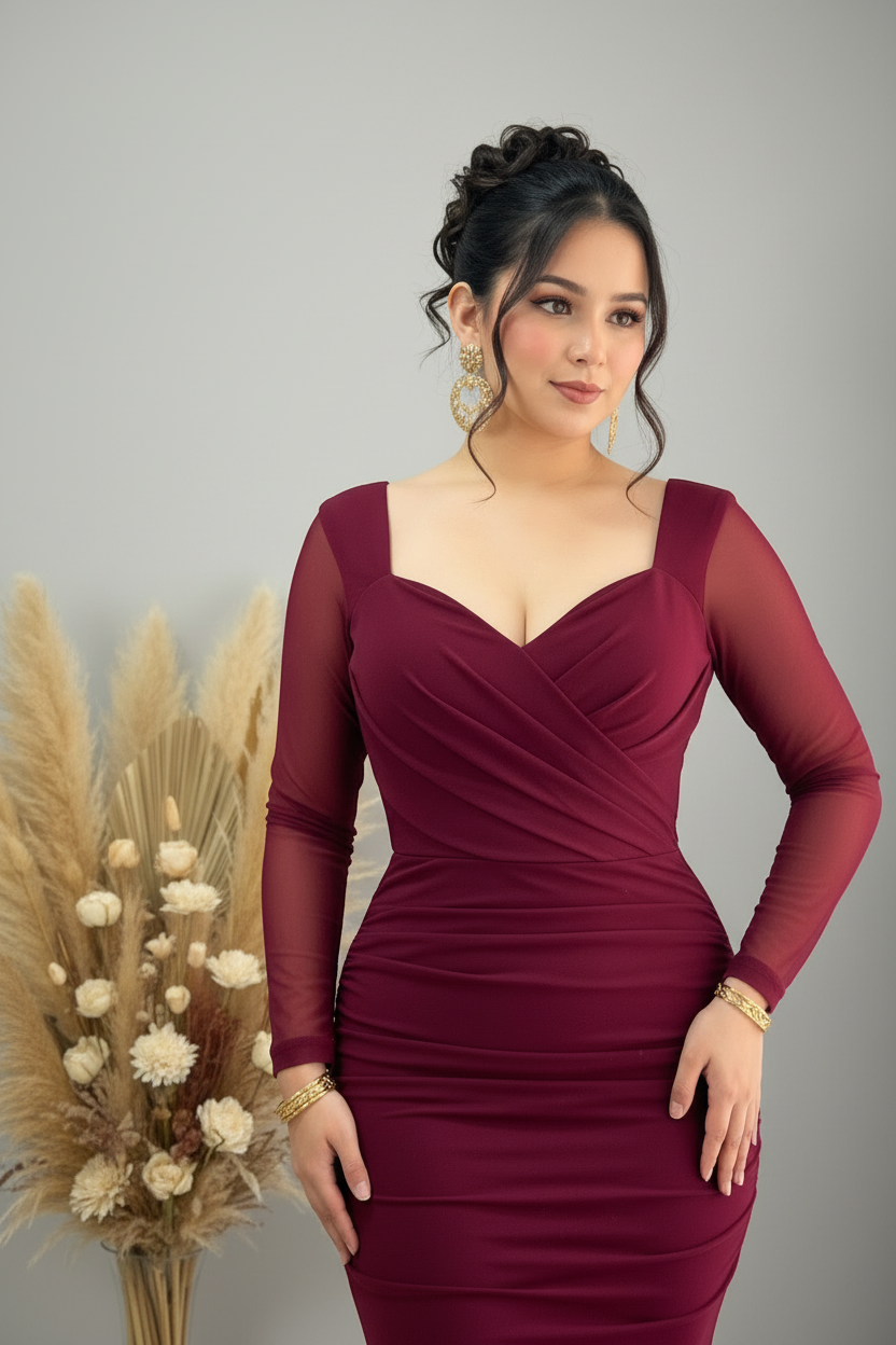 Vestido Vino Sirena con Tul y Drapeado cod.V361