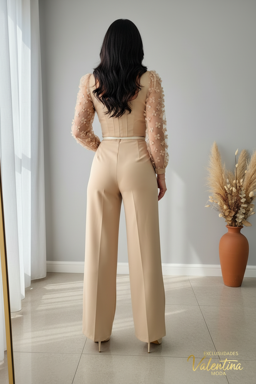 Conjunto Corset Beige Dorado con Mangas Florales cod.C794