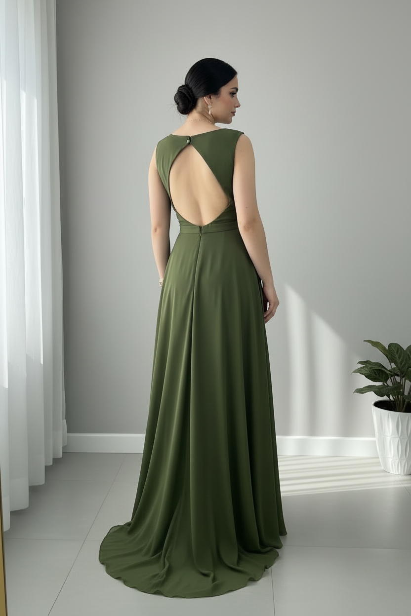 Vestido Largo Verde Oliva — Escote V Cruzado, Rosa 3D Cintura & Abertura Frontal cod.888
