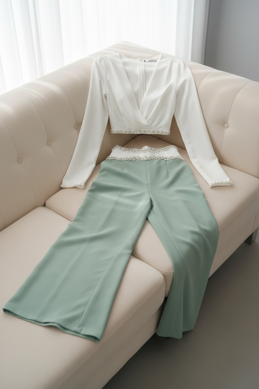 Conjunto Dos Piezas B. Blanca Cruzada y P. Verde Menta con Pedrería cod.C605