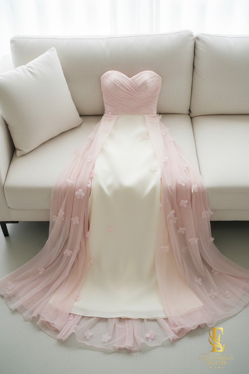 Vestido Rosa Palo Strapless con Flores 3D y Tul cod.V665